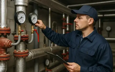 Technik sprawdza ciśnienie na manometrach, przygotowując instalację, kiedy zaczyna się sezon grzewczy.