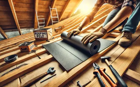 Ręce w rękawiczkach rozwijają papę na dach z desek. W tle skrzynka z napisem "ROOFING FELT".