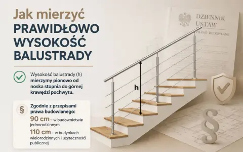 Schody z balustradą, na których zaznaczono wysokość (h) i przepisy prawa budowlanego.
