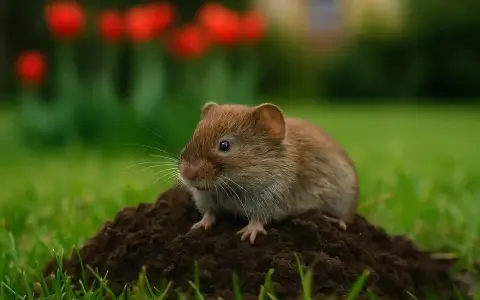 Mały karczownik siedzi na kopczyku ziemi. W tle czerwone tulipany. Może to znak, że potrzebna jest skuteczna trutka na karczownika?