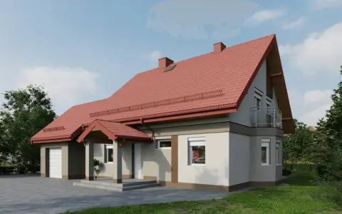 Wizualizacja domu z czerwonym dachem i jasną elewacją. Widać garaż, wejście zadaszone i balkon.