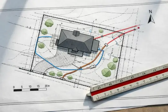 Plan zagospodarowania terenu z domem, drzewami i zaznaczonymi instalacjami. Linijka geodezyjna podkreśla skalę projektu.