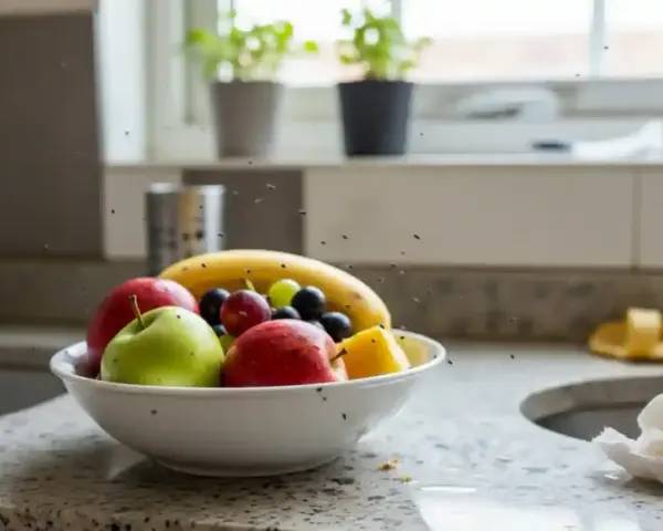 Meszki w domu krążą nad misą z owocami: jabłkami, bananem i winogronami.