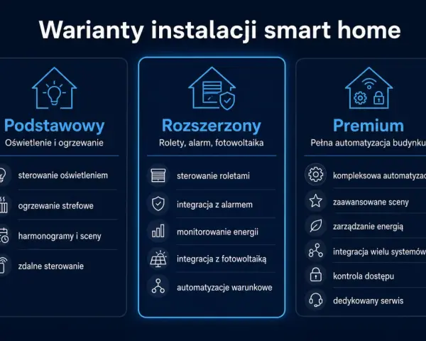 Porównanie wariantów instalacji smart home: Podstawowy (oświetlenie, ogrzewanie), Rozszerzony (rolety, alarm, fotowoltaika) i Premium (pełna automatyzacja).