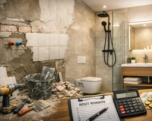 Kalkulacja kosztu remontu łazienki 5m2, uwzględniająca robociznę. Widoczny postęp prac i materiały.