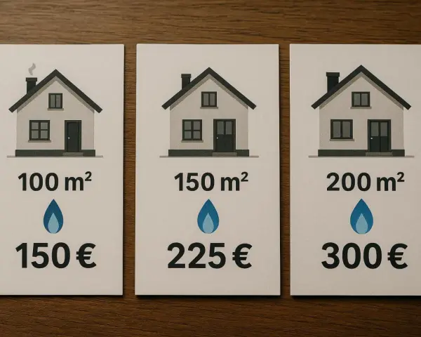 Porównanie kosztów ogrzewania gazowego dla domów o różnej powierzchni: 100 m² za 150 €, 150 m² za 225 €, 200 m² za 300 €.