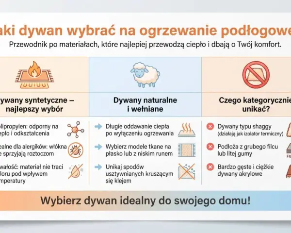 Wybierasz dywan na ogrzewanie podłogowe? Syntetyczne są najlepsze, naturalne też OK, unikaj shaggy i grubych podłoży.