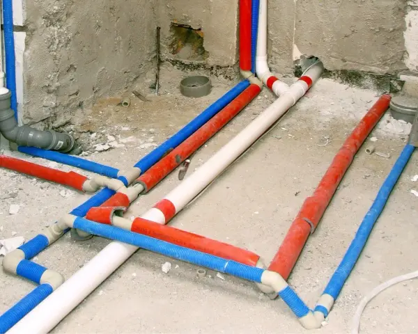 Skomplikowana instalacja wodna w domu, z rurami czerwonymi, niebieskimi i białymi, przygotowana do ukrycia pod tynkiem.
