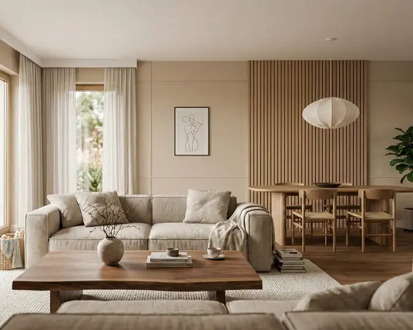 Salon w stylu japandi: jasna sofa, drewniany stolik kawowy, okrągły stół z krzesłami i panel ścienny z drewna.