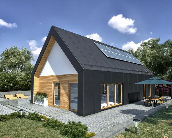 Nowoczesny dom modułowy 100m2 cena pod klucz, z panelami słonecznymi na dachu i tarasem.