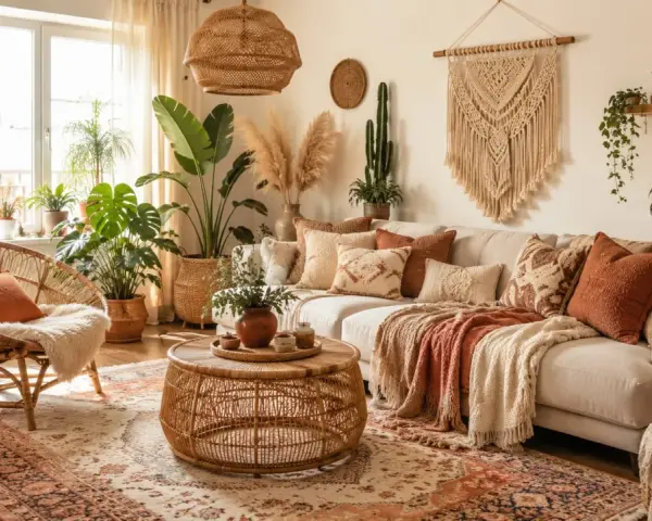 Przytulny salon w stylu boho: rattanowy fotel, sofa pełna poduszek, makrama na ścianie i mnóstwo roślin.