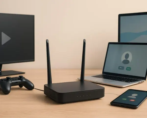 Router, laptop, telefon, monitor i pad do gier. Idealny zestaw, by wybrać, jaki internet do domu będzie najlepszy do rozrywki i pracy.