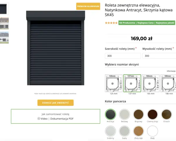 Rolety zewnętrzne elewacyjne antracytowe SK45. Sprawdź rolety zewnętrzne cena za m2 i wybierz idealny rozmiar skrzyni.