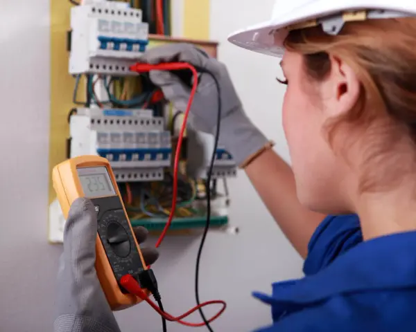 Kobieta w białym kasku i niebieskim kombinezonie wykonuje przegląd instalacji elektrycznej, używając multimetru.