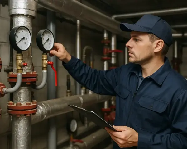 Technik sprawdza ciśnienie na manometrach, przygotowując instalację, kiedy zaczyna się sezon grzewczy.