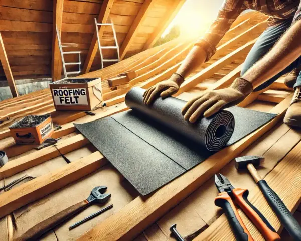 Ręce w rękawiczkach rozwijają papę na dach z desek. W tle skrzynka z napisem "ROOFING FELT".