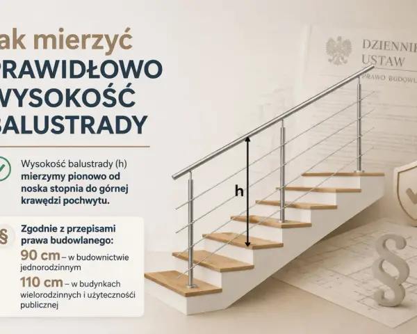 Schody z balustradą, na których zaznaczono wysokość (h) i przepisy prawa budowlanego.