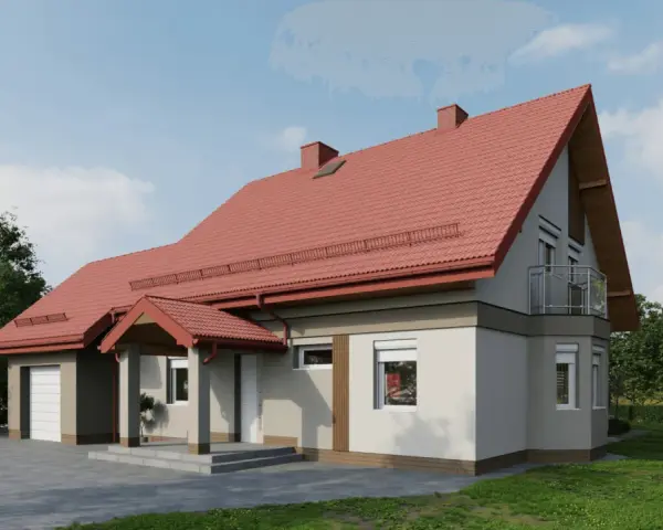 Wizualizacja domu z czerwonym dachem i jasną elewacją. Widać garaż, wejście zadaszone i balkon.