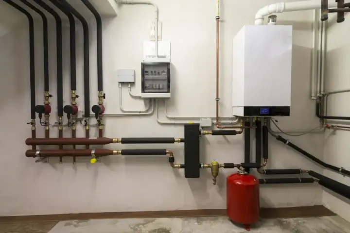 Nowoczesny kocioł gazowy z pompami obiegowymi i instalacją rurową, zapewniający efektywne ogrzewanie gazowe.