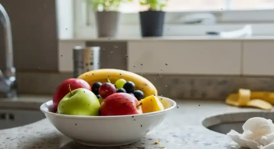 Meszki w domu krążą nad misą z owocami: jabłkami, bananem i winogronami.