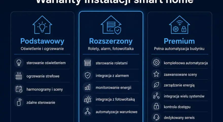 Porównanie wariantów instalacji smart home: Podstawowy (oświetlenie, ogrzewanie), Rozszerzony (rolety, alarm, fotowoltaika) i Premium (pełna automatyzacja).