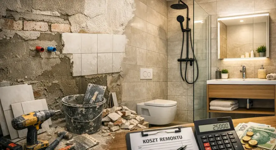 Kalkulacja kosztu remontu łazienki 5m2, uwzględniająca robociznę. Widoczny postęp prac i materiały.