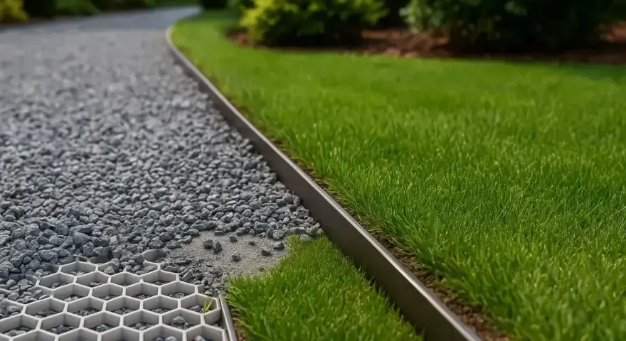 Nowy podjazd do domu z żwiru i trawy, oddzielony metalową krawędzią. Widać też kratkę stabilizującą podłoże.
