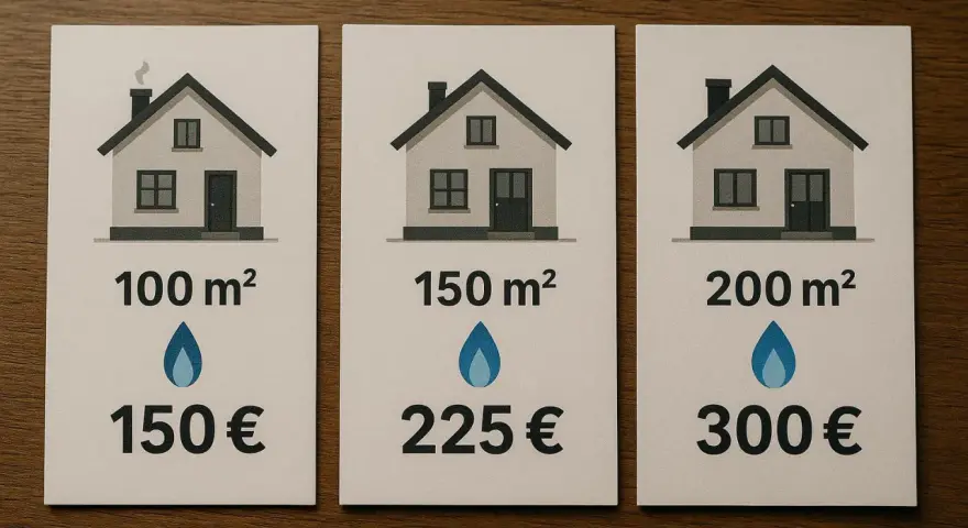 Porównanie kosztów ogrzewania gazowego dla domów o różnej powierzchni: 100 m² za 150 €, 150 m² za 225 €, 200 m² za 300 €.