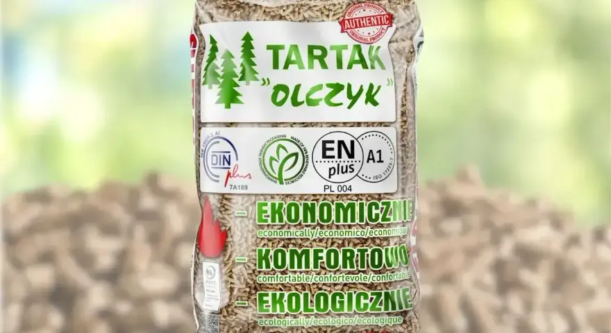 Worek pelletu drzewnego "Tartak Olczyk" z certyfikatami ENplus A1. Dowiedz się, ile kosztuje tona pelletu, by ogrzewać ekologicznie i ekonomicznie.