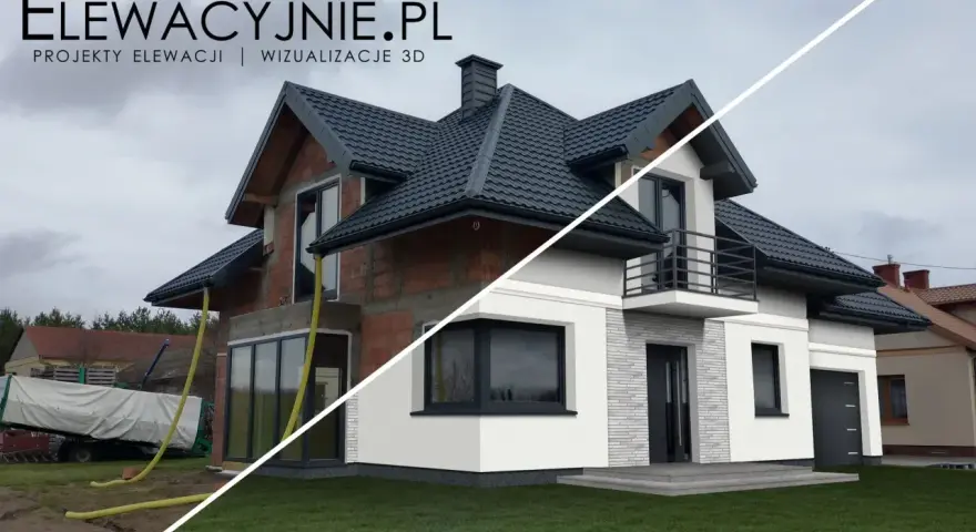 Projekt elewacji domu w budowie i wizualizacja jego wykończenia.