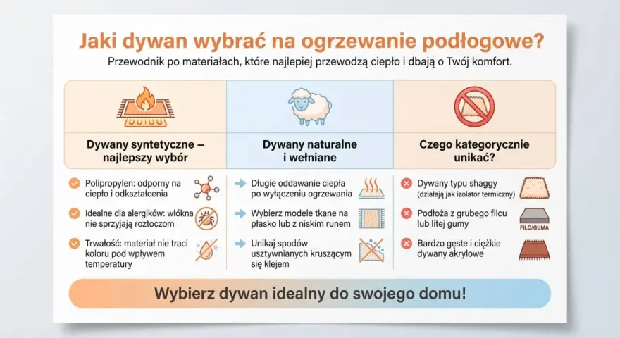 Wybierasz dywan na ogrzewanie podłogowe? Syntetyczne są najlepsze, naturalne też OK, unikaj shaggy i grubych podłoży.
