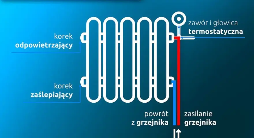 Schemat podłączenia grzejnika od dołu z prawej strony. Widać zawór termostatyczny, odpowietrznik i korek zaślepiający.