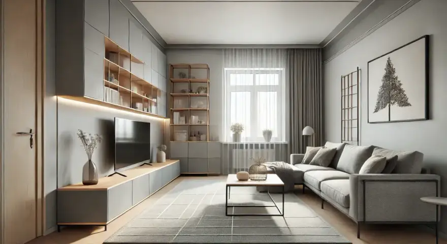 Nowoczesny salon z szarymi i drewnianymi meblami. Subtelne kolory ścian tworzą spokojną atmosferę.