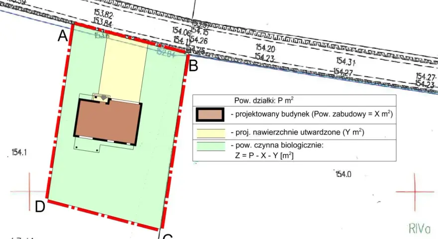 Plan działki z zaznaczonym projektowanym budynkiem, nawierzchniami i obszarem biologicznie czynnym. Dokumentacja do wniosku o warunki zabudowy.