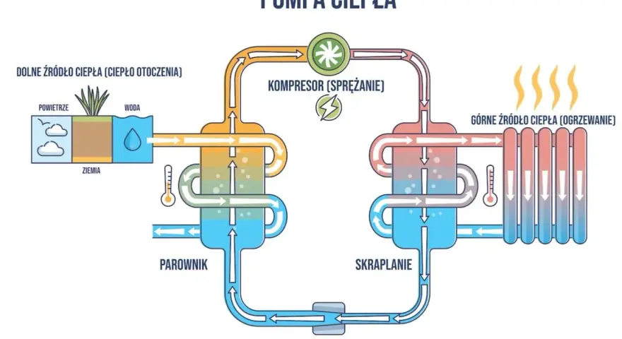 Schemat pokazuje, jak działa pompa ciepła: pobiera ciepło z otoczenia (powietrze, woda, ziemia), spręża je i oddaje do ogrzewania.