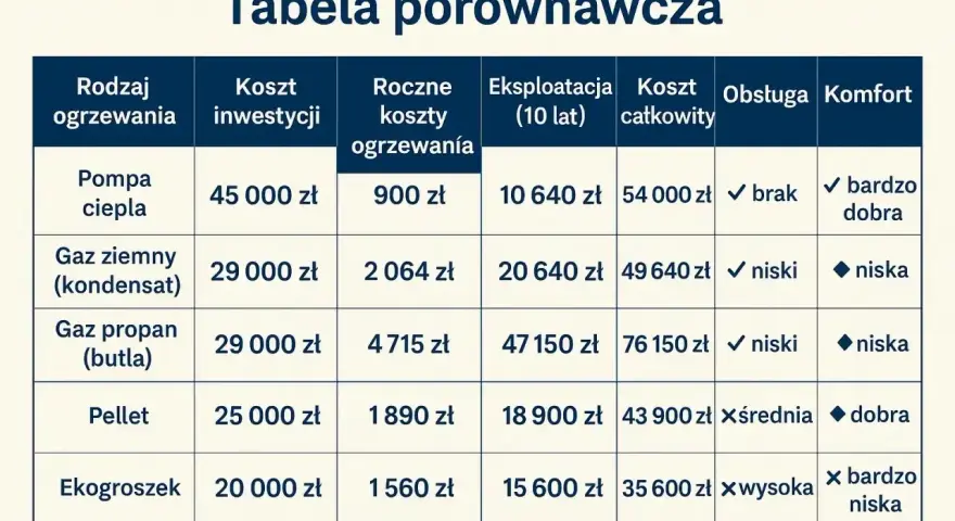 Tabela porównawcza: jakie ogrzewanie do domu? Pompa ciepła, gaz ziemny, propan, pellet, ekogroszek – koszty inwestycji, roczne, eksploatacji, całkowite, obsługa, komfort.