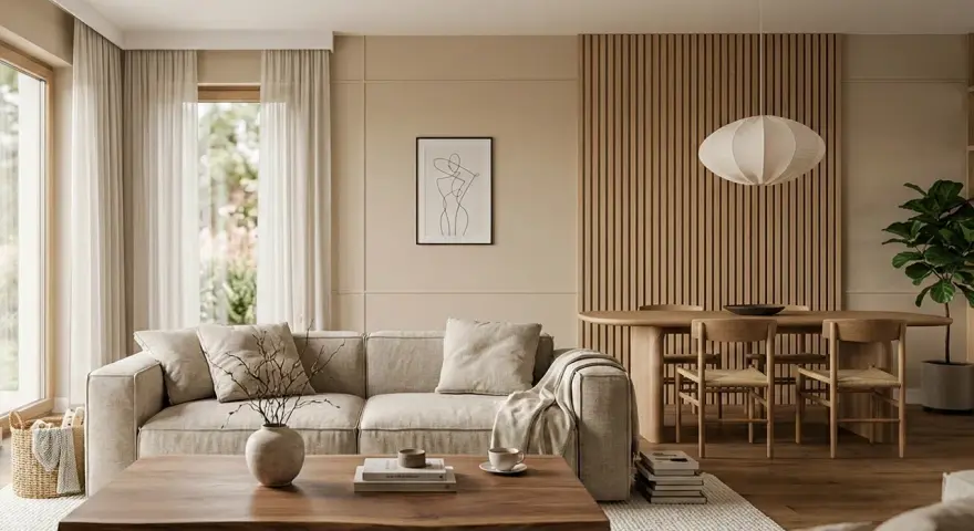 Salon w stylu japandi: jasna sofa, drewniany stolik kawowy, okrągły stół z krzesłami i panel ścienny z drewna.
