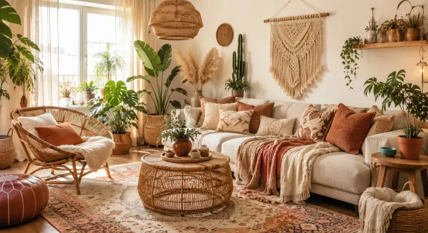 Przytulny salon w stylu boho: rattanowy fotel, sofa pełna poduszek, makrama na ścianie i mnóstwo roślin.