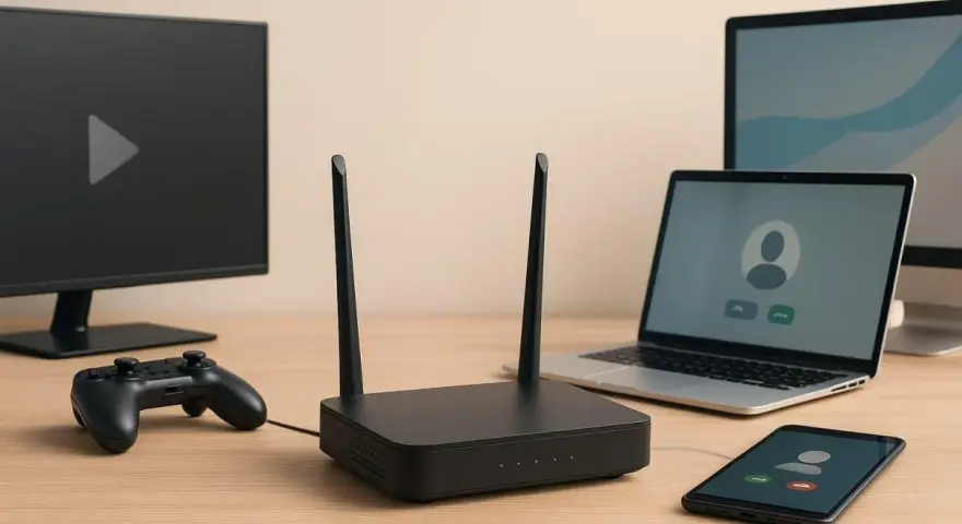 Router, laptop, telefon, monitor i pad do gier. Idealny zestaw, by wybrać, jaki internet do domu będzie najlepszy do rozrywki i pracy.