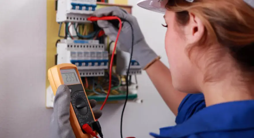 Kobieta w białym kasku i niebieskim kombinezonie wykonuje przegląd instalacji elektrycznej, używając multimetru.