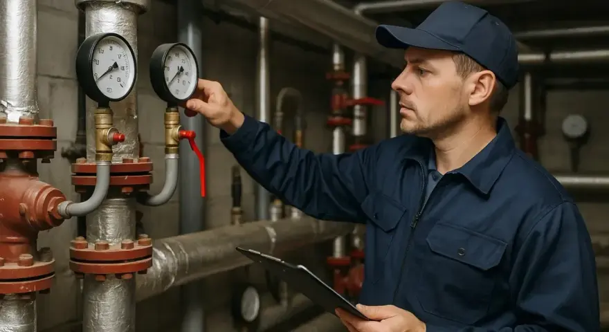 Technik sprawdza ciśnienie na manometrach, przygotowując instalację, kiedy zaczyna się sezon grzewczy.