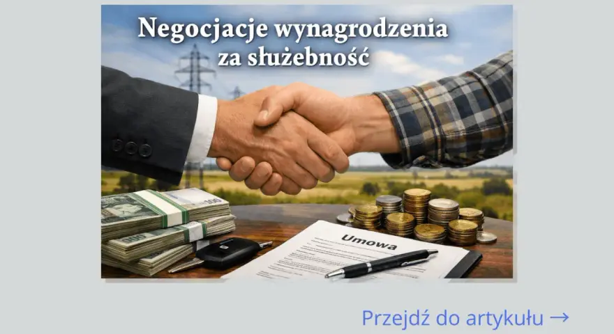 Uścisk dłoni symbolizuje negocjacje wynagrodzenia za służebność przesyłu. Na stole stosy pieniędzy, monety, umowa i kluczyki do auta.