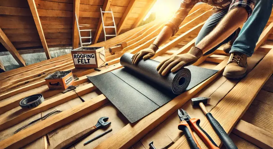 Ręce w rękawiczkach rozwijają papę na dach z desek. W tle skrzynka z napisem "ROOFING FELT".
