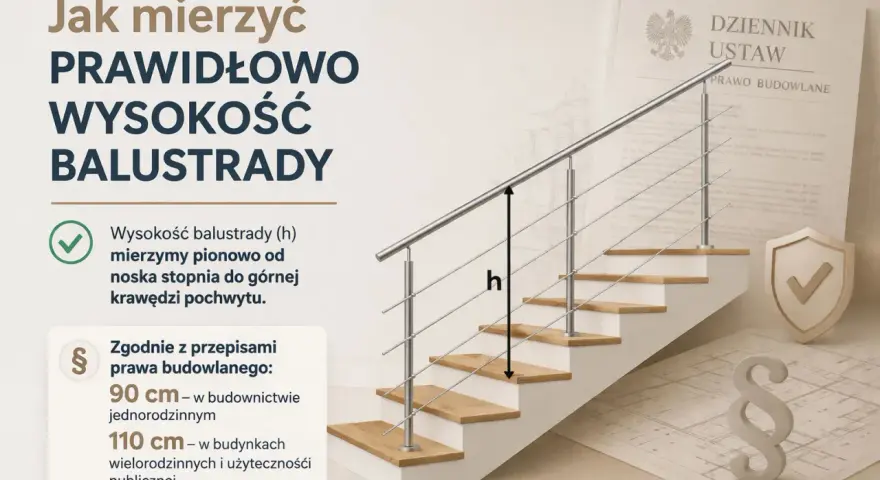 Schody z balustradą, na których zaznaczono wysokość (h) i przepisy prawa budowlanego.