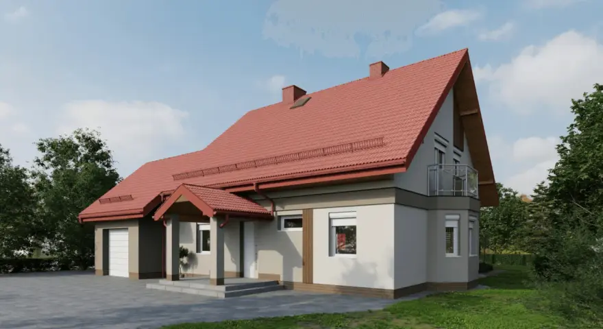 Wizualizacja domu z czerwonym dachem i jasną elewacją. Widać garaż, wejście zadaszone i balkon.