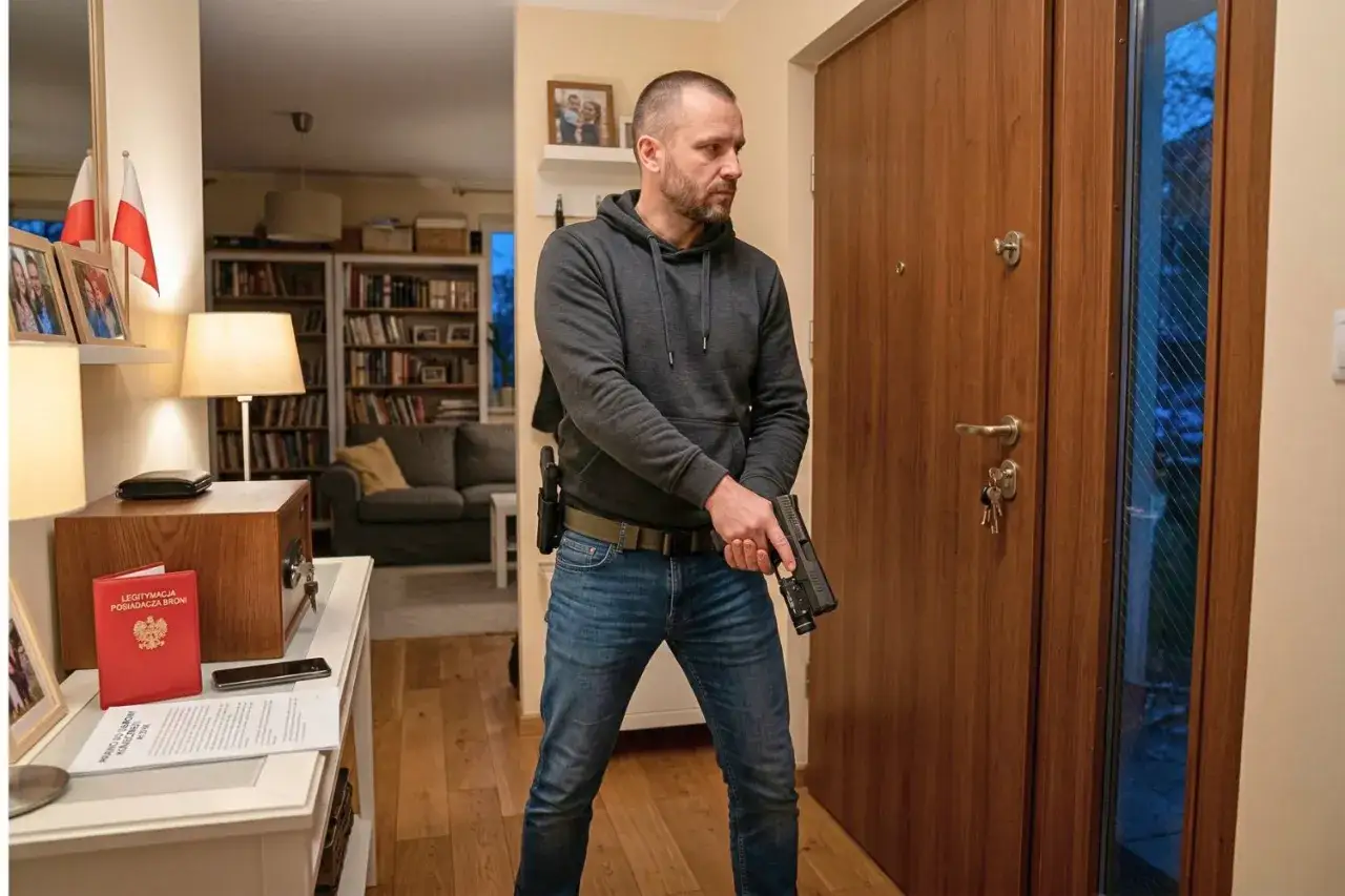 Mężczyzna z pistoletem przy drzwiach, gotowy do obrony przed naruszeniem miru domowego. Na stole legitymacja posiadacza broni.