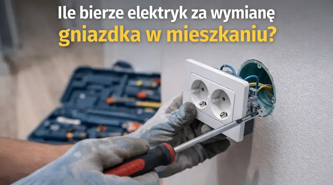 Elektryk montuje gniazdko, sprawdzając montaż gniazdka cena. W tle walizka z narzędziami.