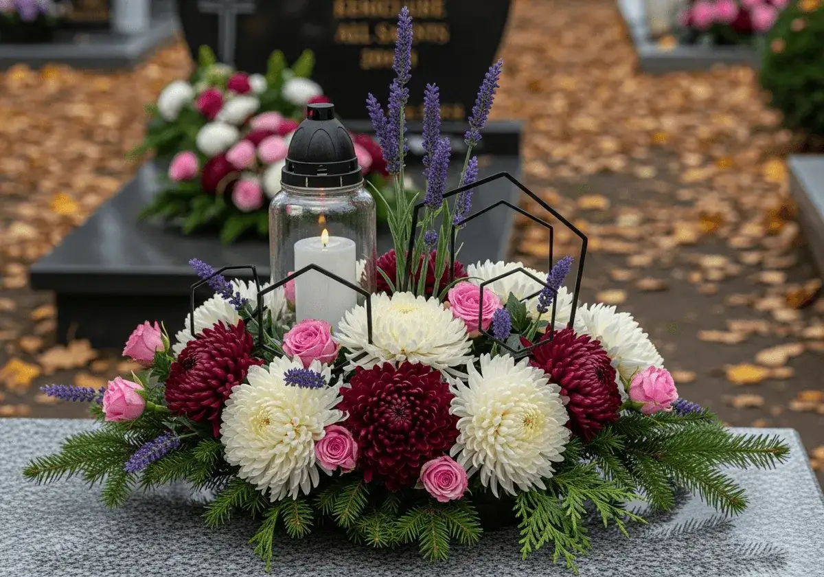 Żywe kwiaty na cmentarz: bukiet z białych i bordowych chryzantem, różowych róż, lawendy i gałązek iglaków, z palącą się świecą w szklanym lampionie.