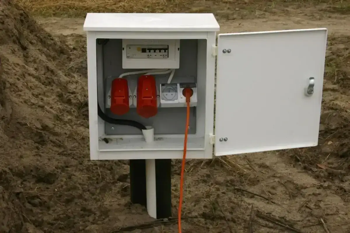 Skrzynka elektryczna na działce bez domu, gotowa do podłączenia prądu. Widoczne gniazda i zabezpieczenia.