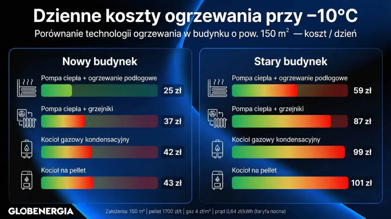 Ranking najtańszego ogrzewania domu: pompa ciepła z podłogówką w nowym budynku kosztuje 25 zł/dzień, w starym 59 zł.